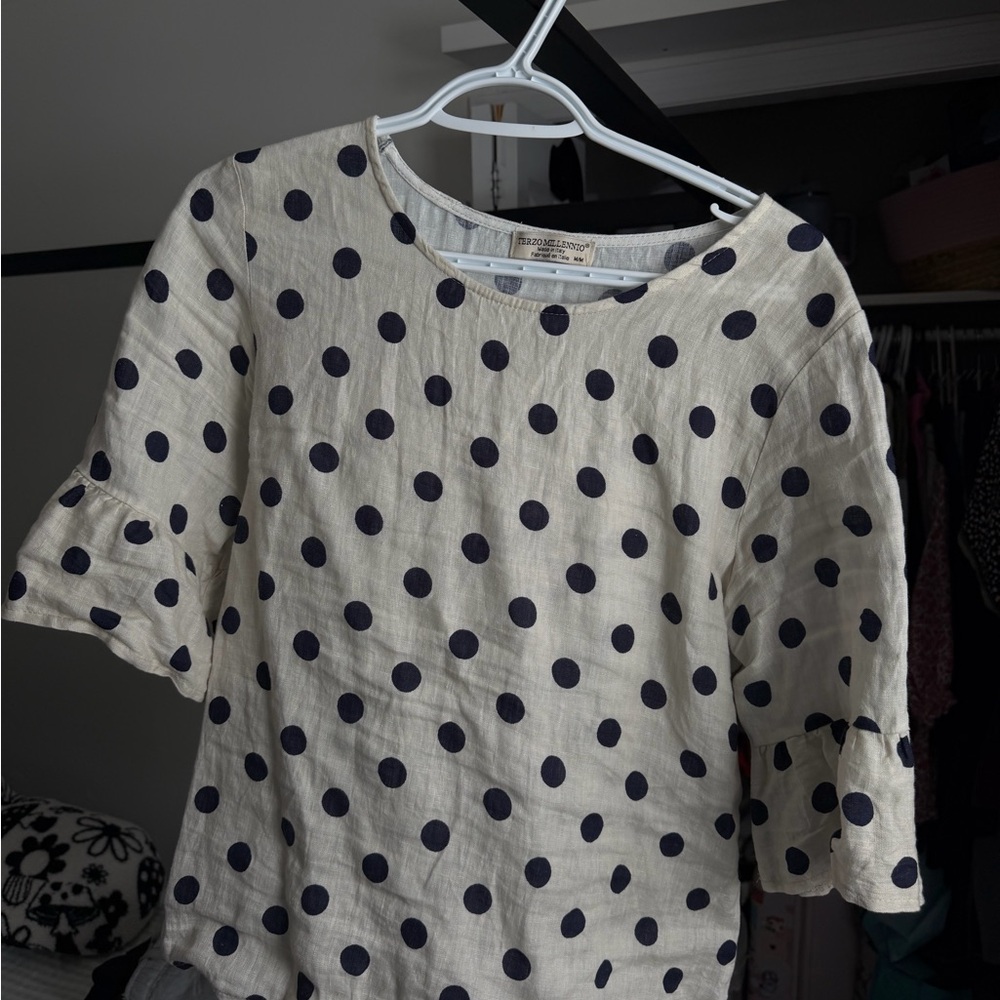 Linen Blouse with Navy Polka Dots - Picture 2 of 3
